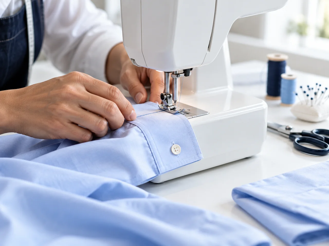 Escena ilustrativa de unas manos ajustando una prenda azul en una máquina de coser
